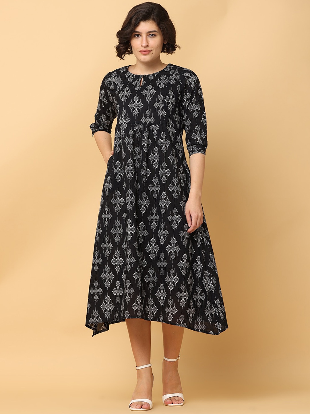 

BLACK & BLAH BLAH Relaxed Fit Ikat Printed Flared Pure Cotton Monochrome Midi Dress