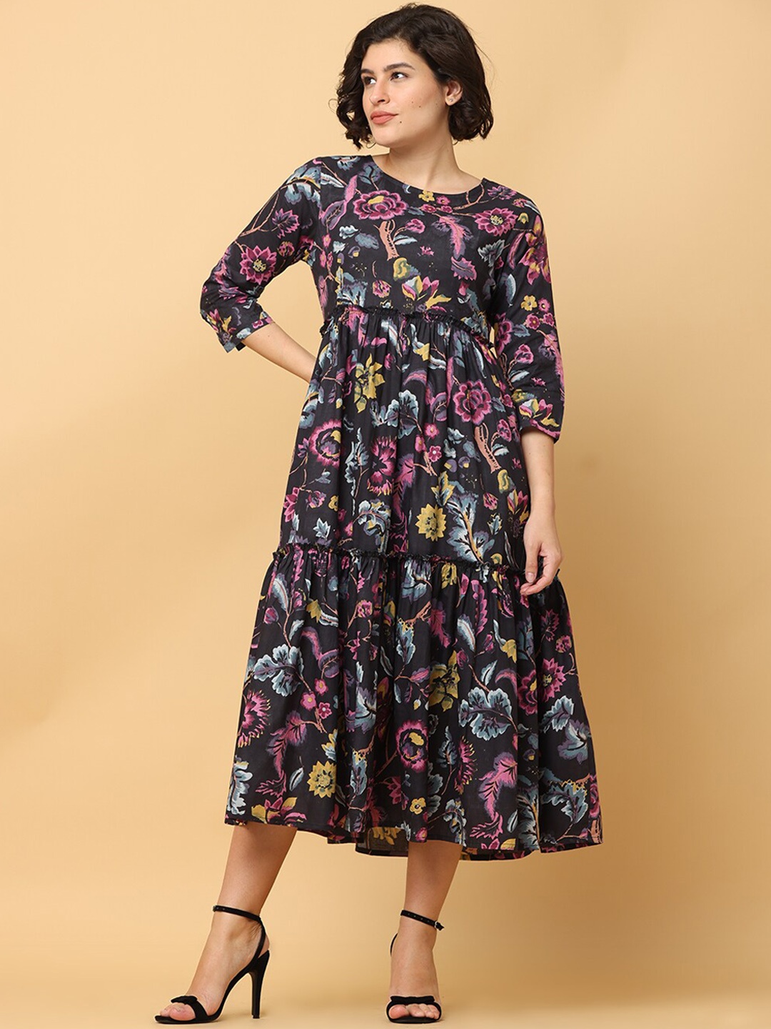 

BLACK & BLAH BLAH Relaxed Fit Floral Printed Tiered Pure Cotton Monochrome Midi Dress