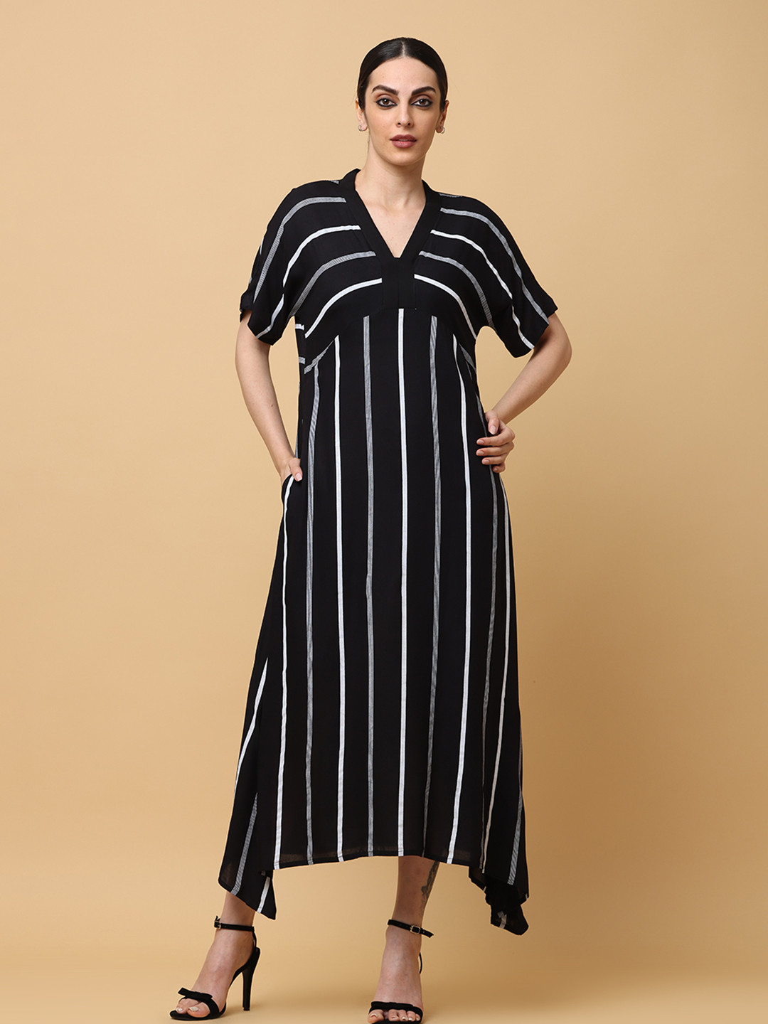 

BLACK & BLAH BLAH Relaxed Fit Stripes Printed A-Line Liva Monochrome Midi Dress