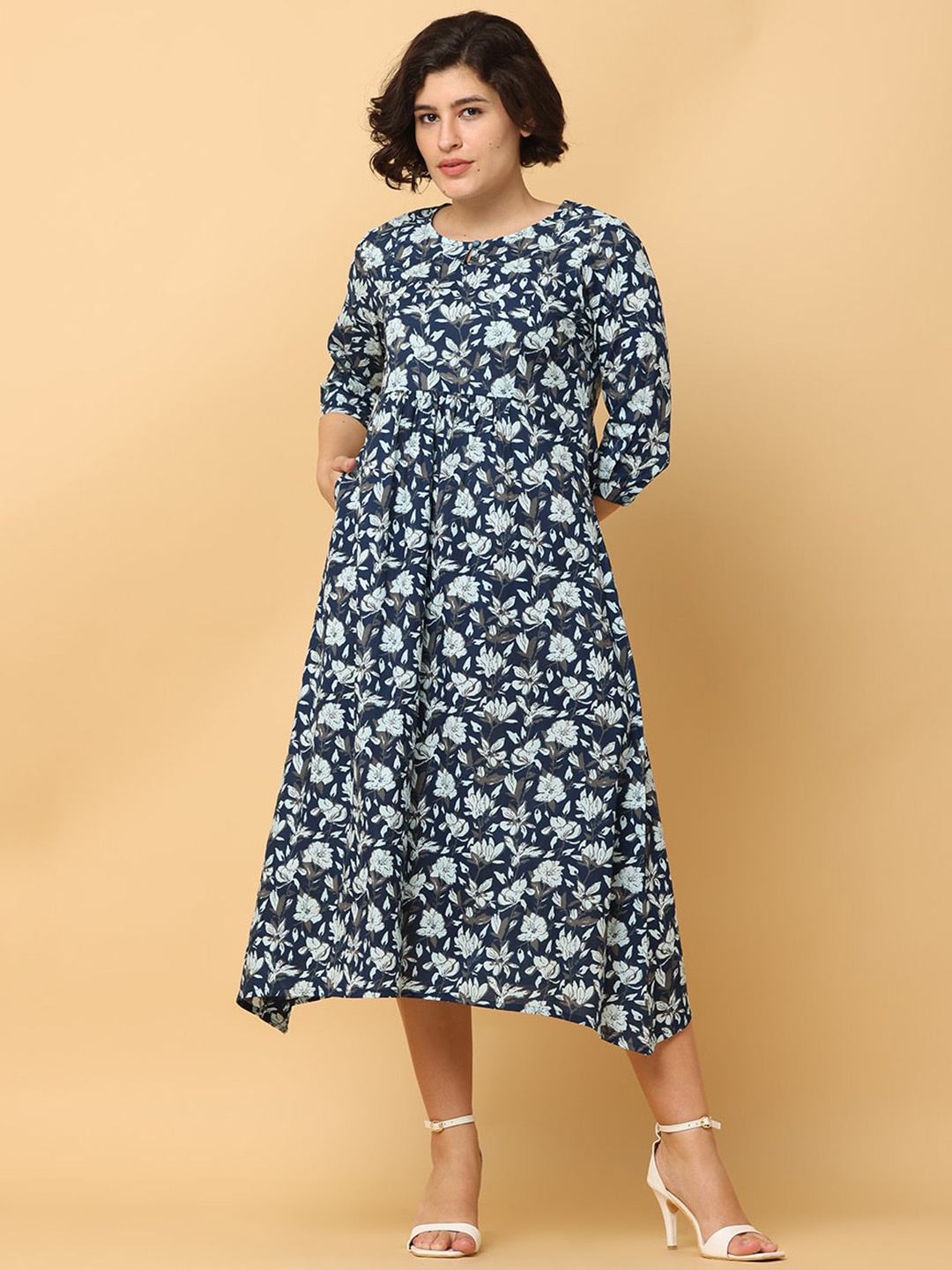 

BLACK & BLAH BLAH Relaxed Fit Floral Printed Flared Pure Cotton Midi Dress, Blue