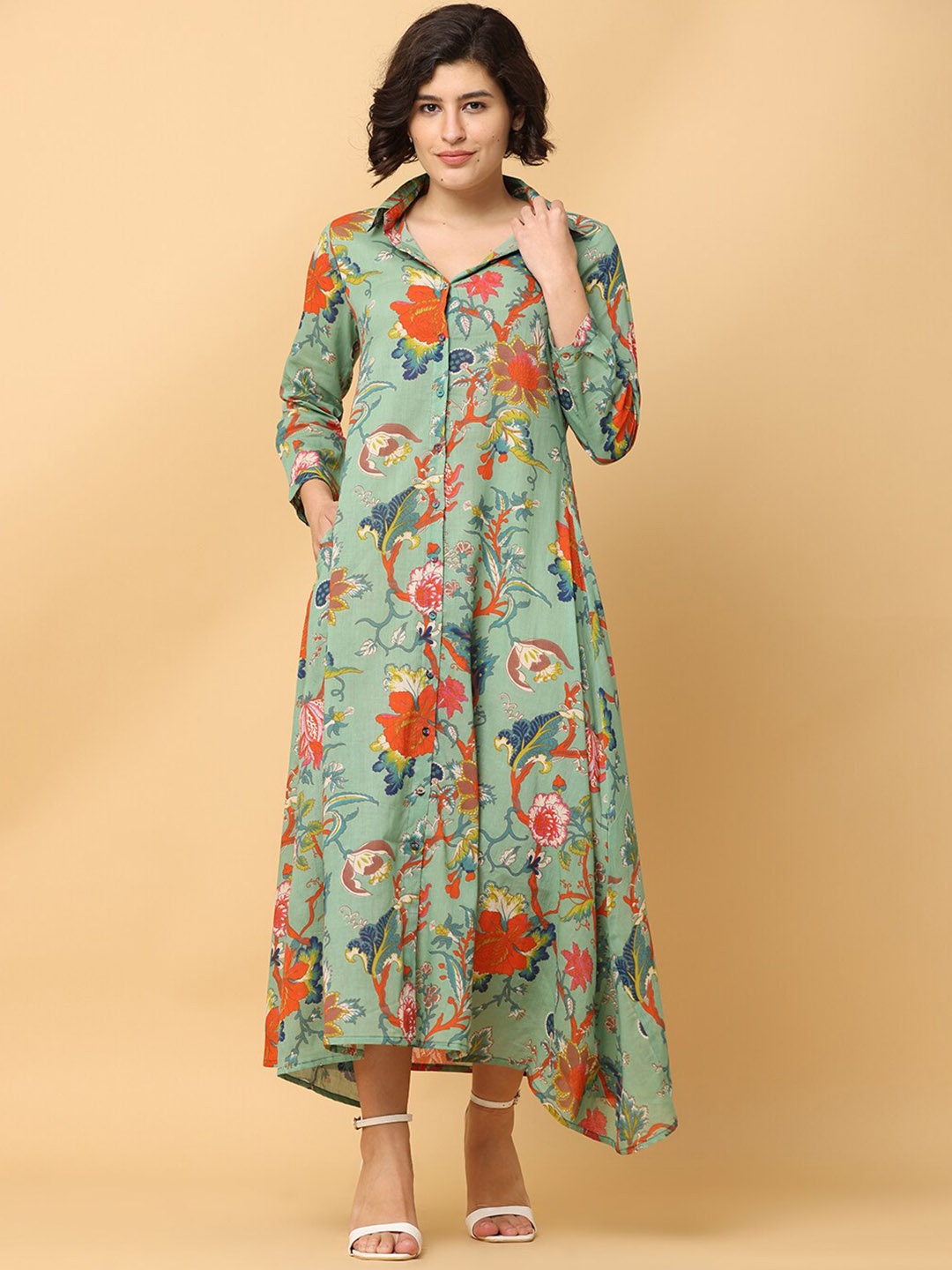 

BLACK & BLAH BLAH Women Relaxed Fit Floral Printed A-Line Liva Midi Dress, Green