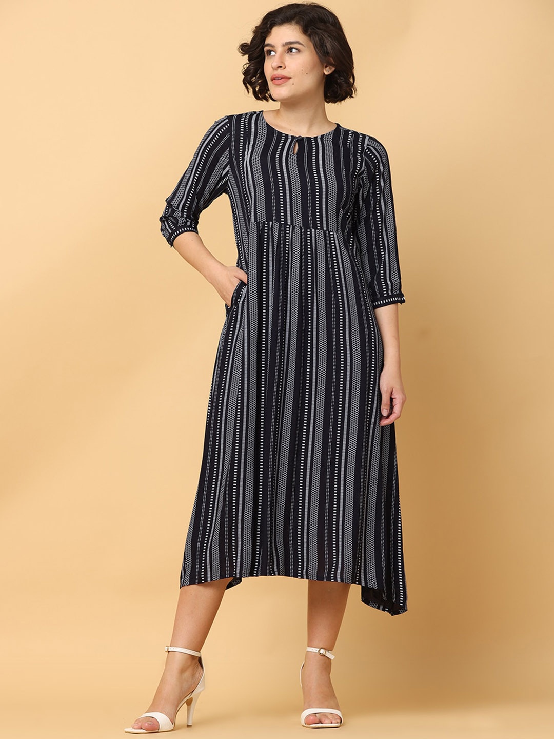 

BLACK & BLAH BLAH Relaxed Fit Stripes Printed Flared Liva Monochrome Midi Dress
