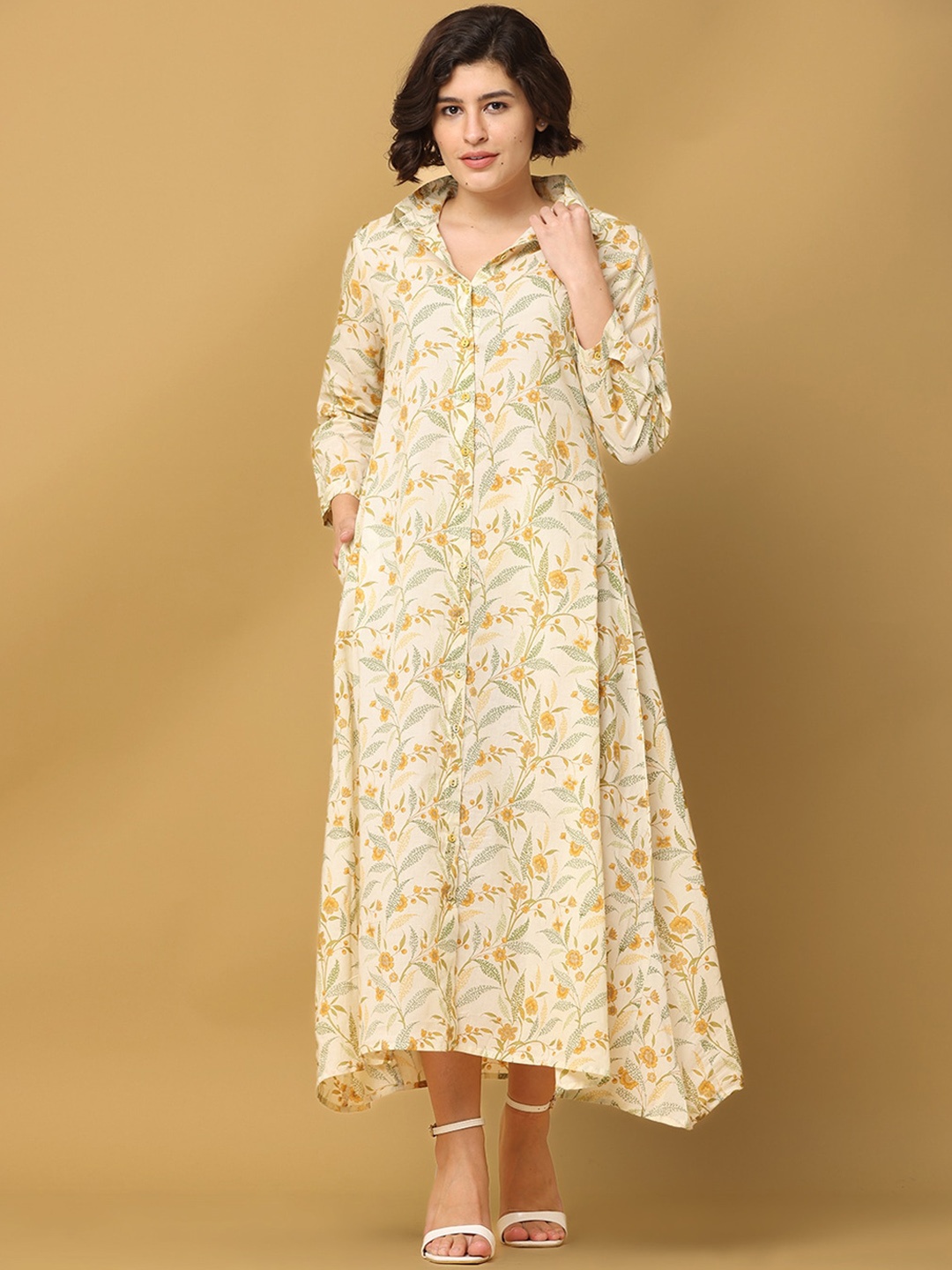 

BLACK & BLAH BLAH Relaxed Fit Floral Printed A-Line Pure Cotton Midi Dress, Yellow