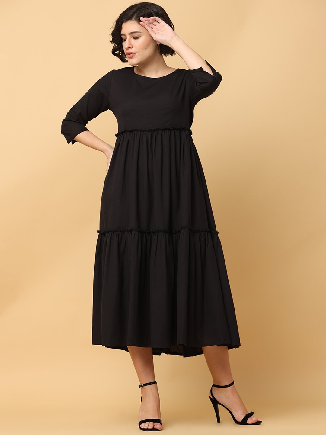 

BLACK & BLAH BLAH Relaxed Fit Solid Tiered Cotton Linen Monochrome Midi Dress