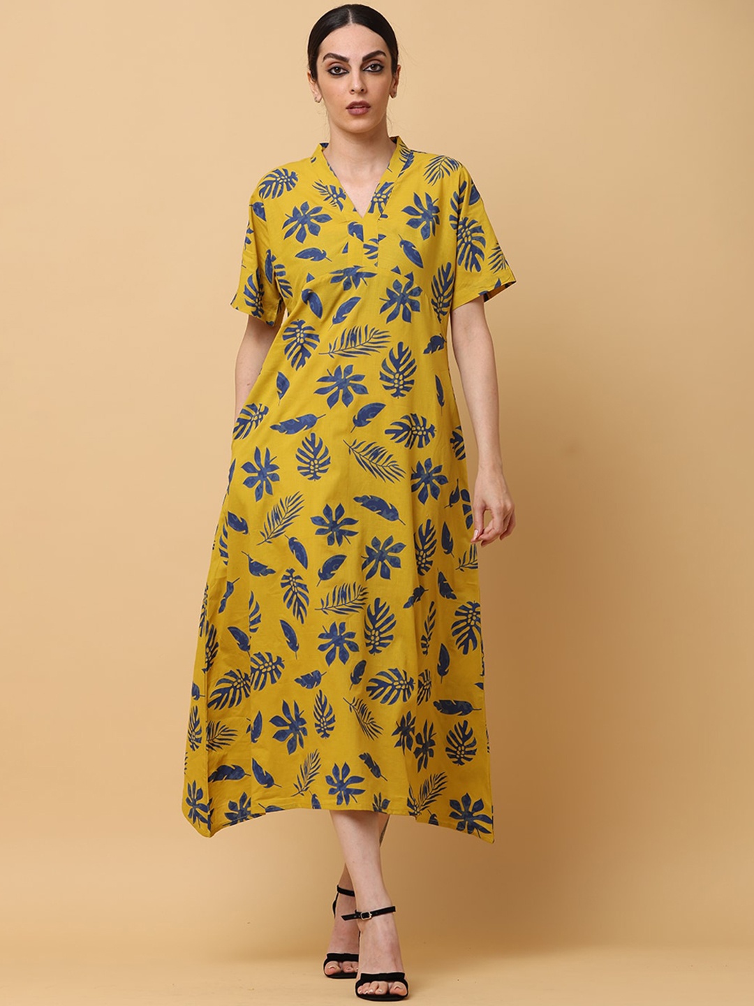 

BLACK & BLAH BLAH Relaxed Fit Floral Printed A-Line Pure Cotton Midi Dress, Yellow