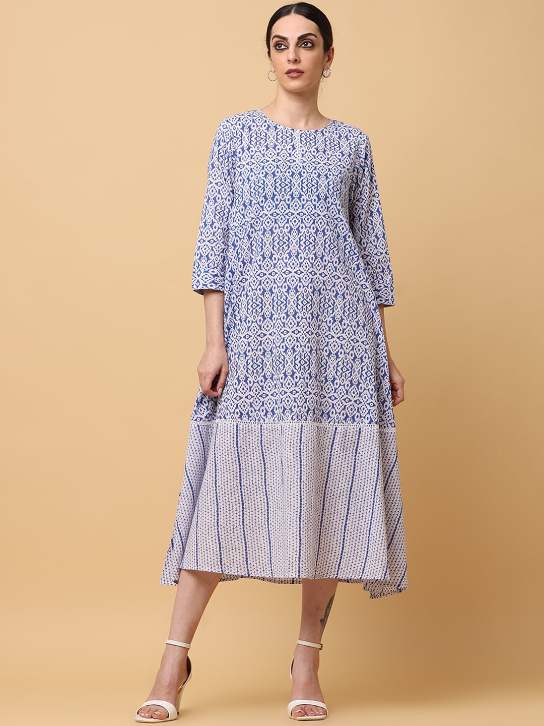 

BLACK & BLAH BLAH Relaxed Fit Ikat Printed Tiered Pure Cotton Midi Dress, Blue