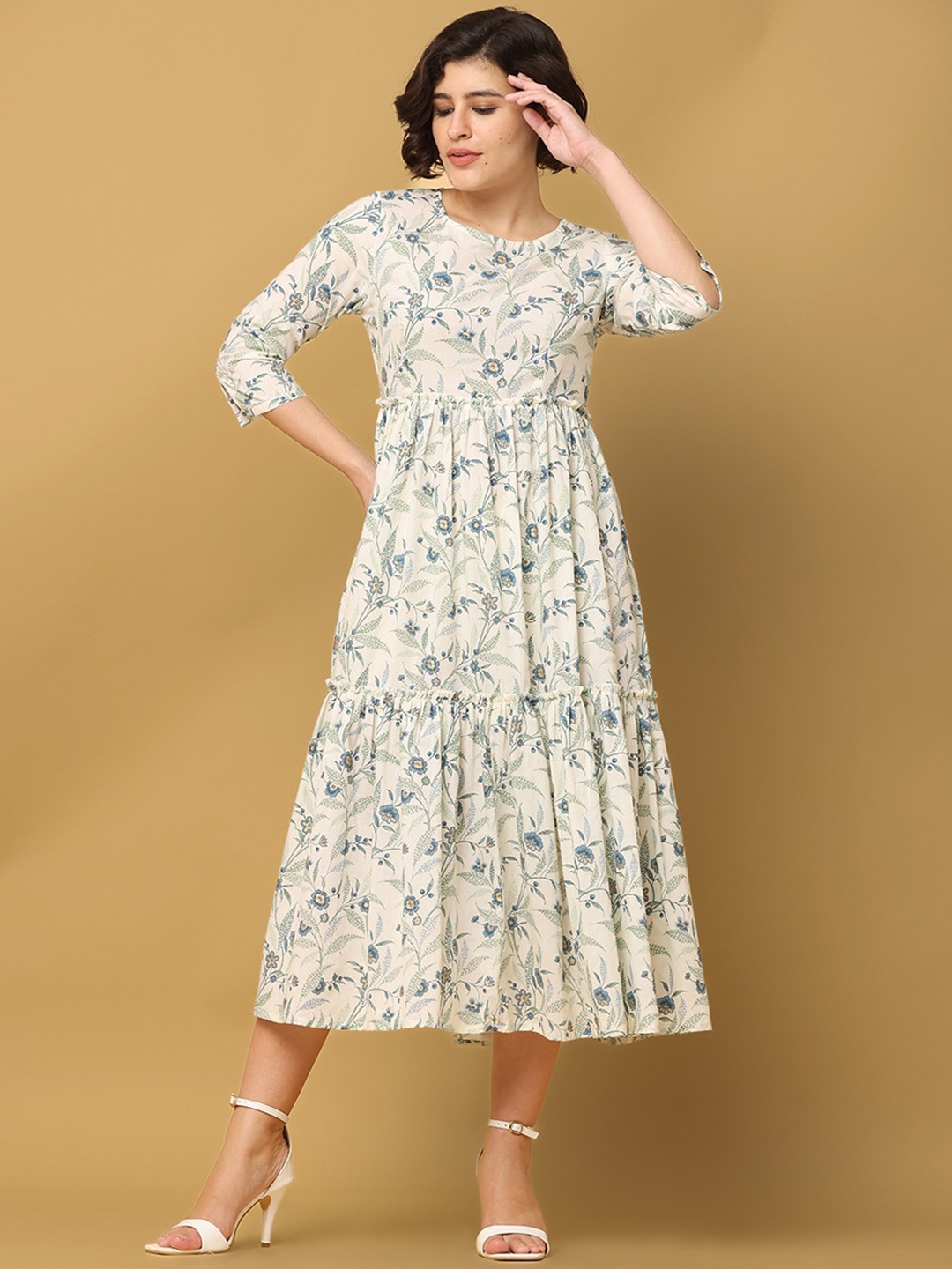 

BLACK & BLAH BLAH Relaxed Fit Floral Printed Tiered Pure Cotton Midi Dress, White
