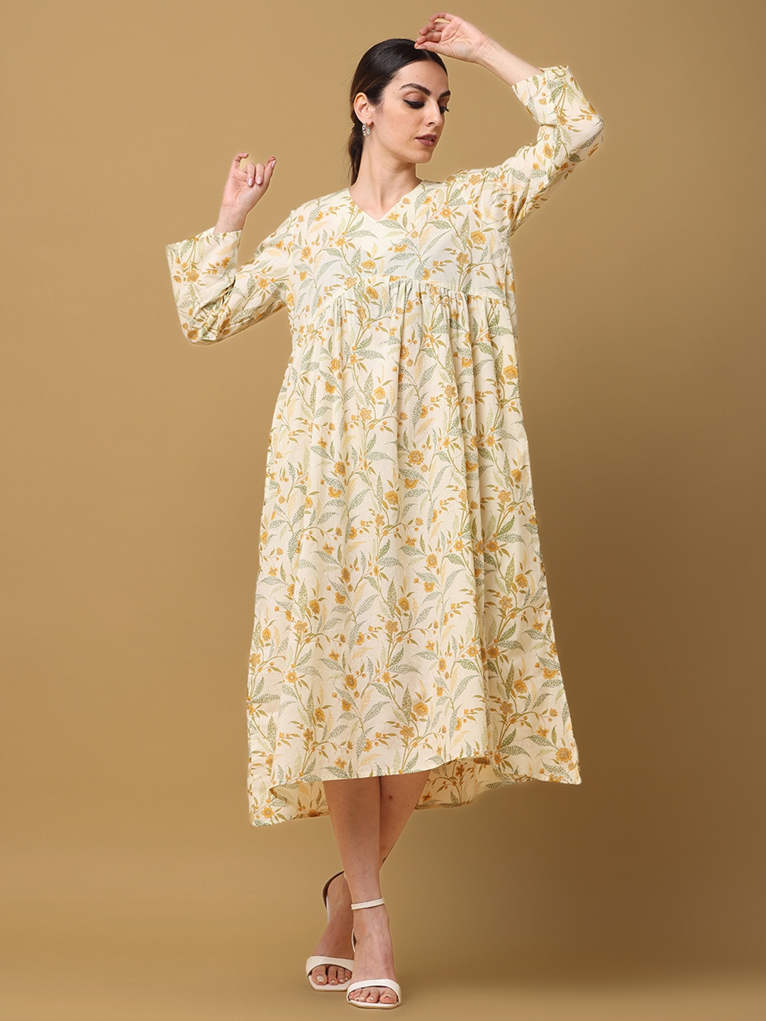 

BLACK & BLAH BLAH Relaxed Fit Floral Printed A-Line Pure Cotton Midi Dress, Yellow