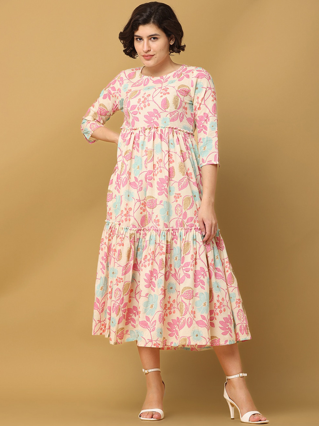 

BLACK & BLAH BLAH Relaxed Fit Floral Printed Tiered Pure Cotton Midi Dress, Beige