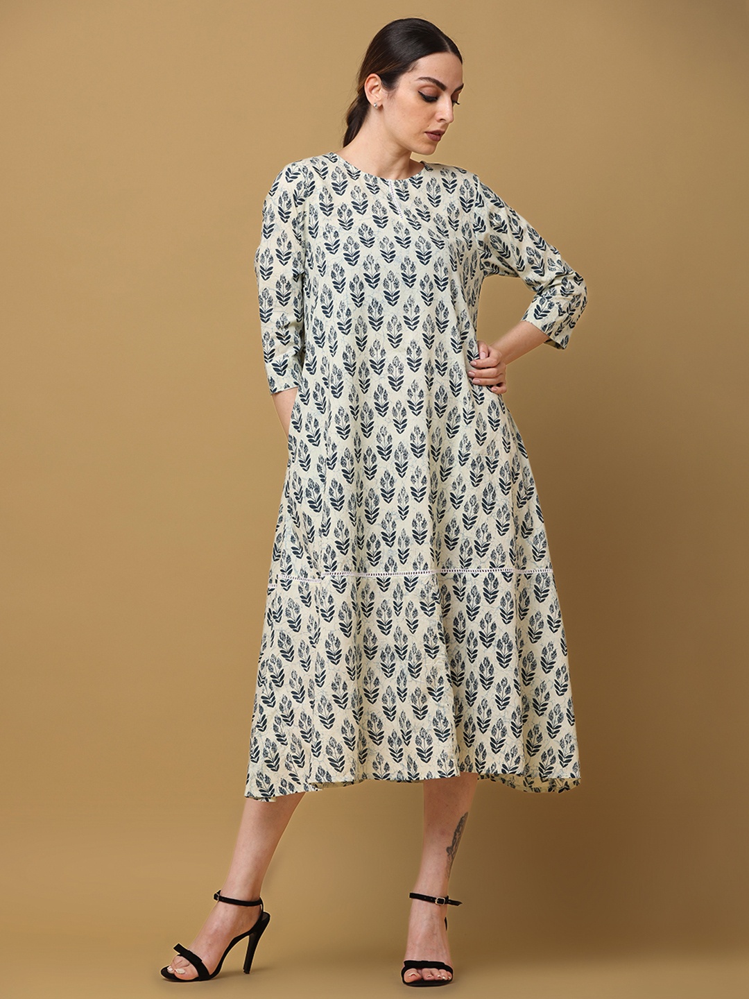 

BLACK & BLAH BLAH Relaxed Fit Block Printed Tiered Pure Cotton Midi Dress, Off white