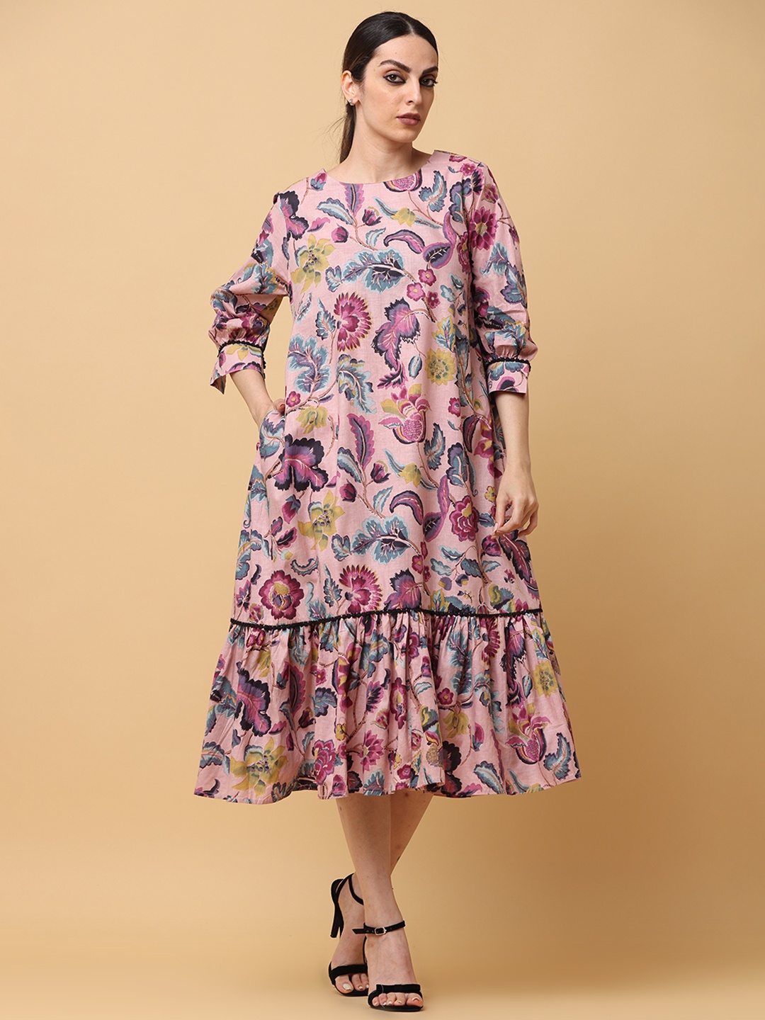 

BLACK & BLAH BLAH Relaxed Fit Floral Printed Tiered Pure Cotton Midi Dress, Pink
