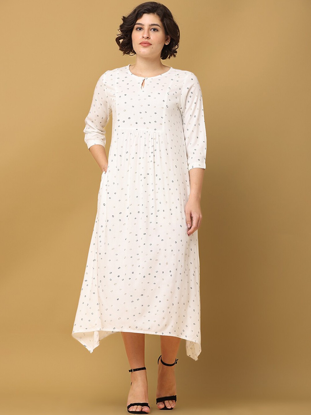

BLACK & BLAH BLAH Women Relaxed Fit Floral Printed Flared Liva Midi Dress, White