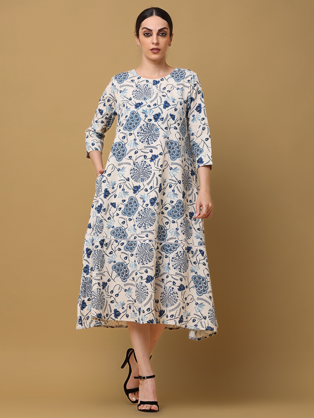 

BLACK & BLAH BLAH Relaxed Fit Floral Printed Tiered Pure Cotton Midi Dress, Off white