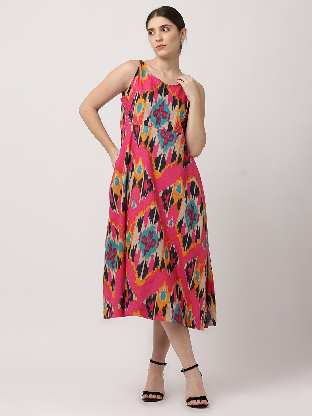 

BLACK & BLAH BLAH Relaxed Fit Ikat Printed A-Line Pure Cotton Midi Dress, Pink