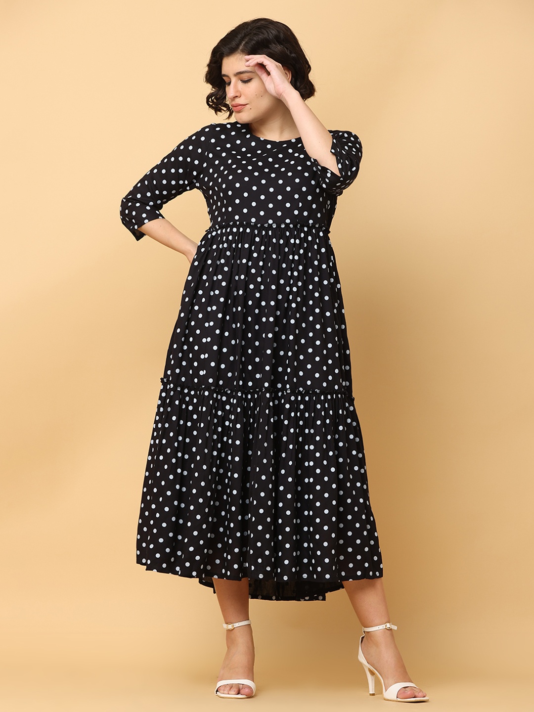 

BLACK & BLAH BLAH Relaxed Fit Polka Dot Tiered Liva Monochrome Midi Dress