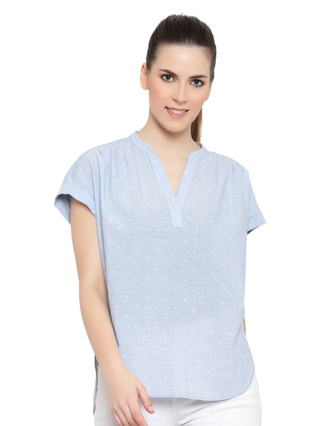 

Amagyaa Band Collar Extended Sleeves Cotton High-Low Top, Blue