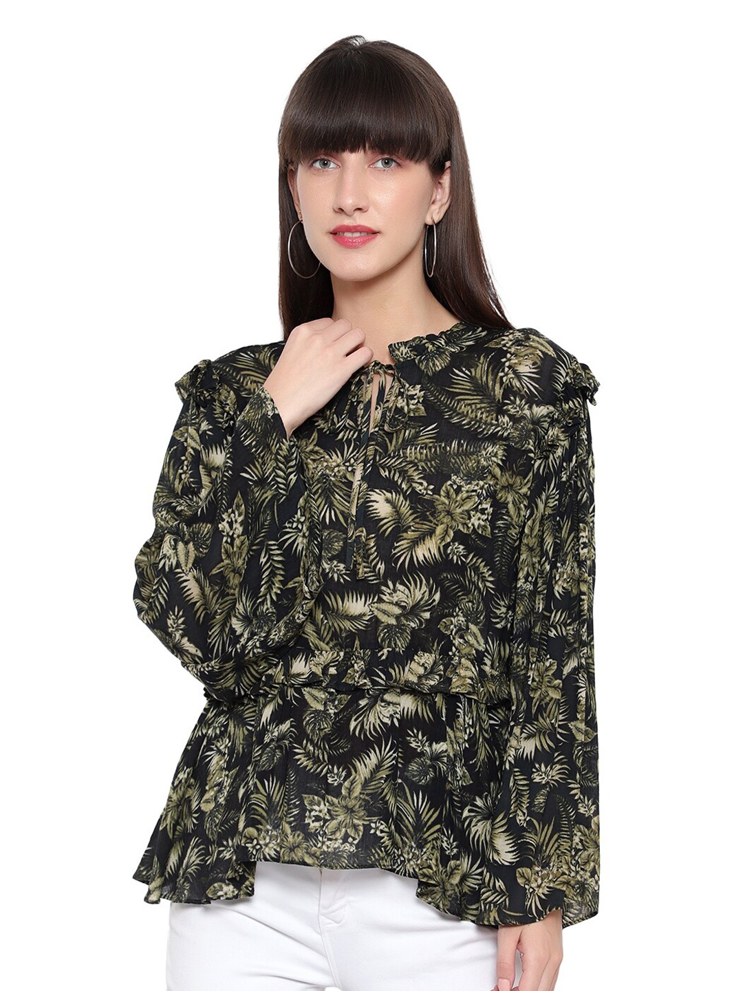 

Amagyaa Floral Printed Tie-Up Neck Ruffled Cinched Waist Top, Green