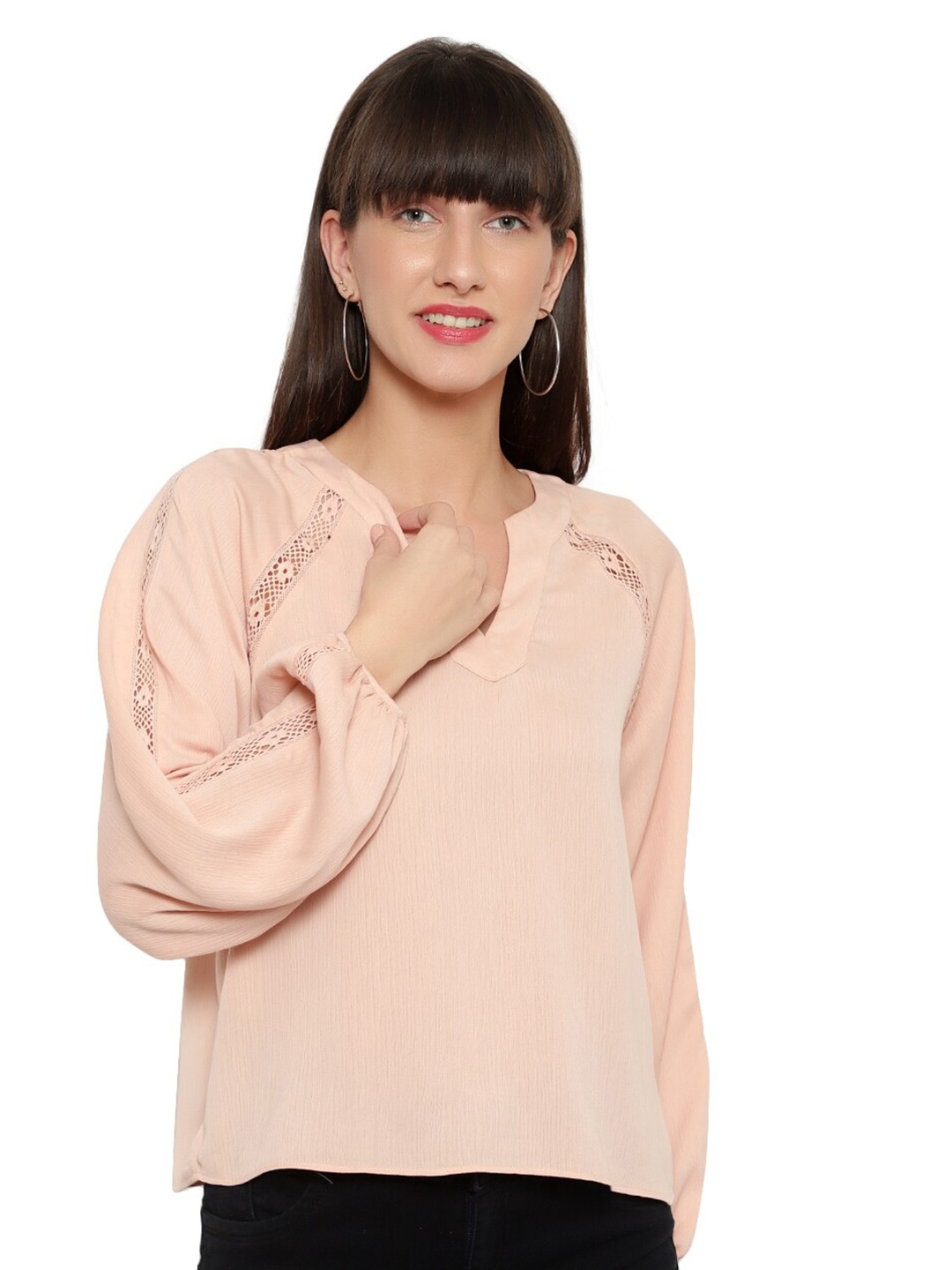 

Amagyaa Lace Detail Puff Sleeves Notched Neck Top, Peach