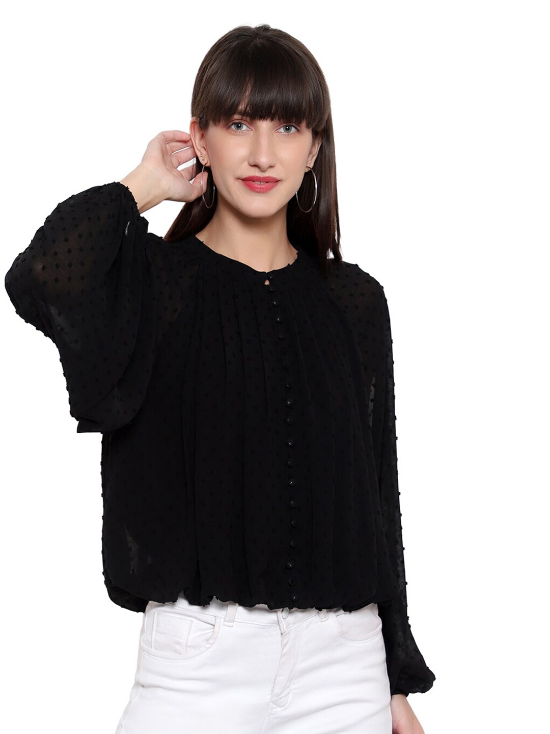 

Amagyaa Self Design Puff Sleeves Dobby Shirt Style Top, Black