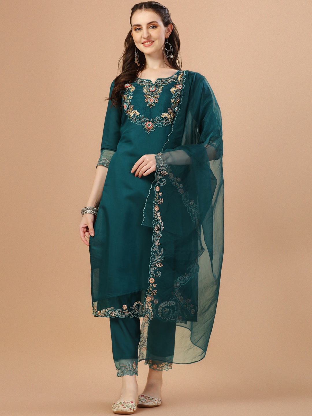 

KALINI Women Floral Yoke Design Regular Beads and Stones Chanderi Cotton Kurta with Trousers & With Dupatta, Teal