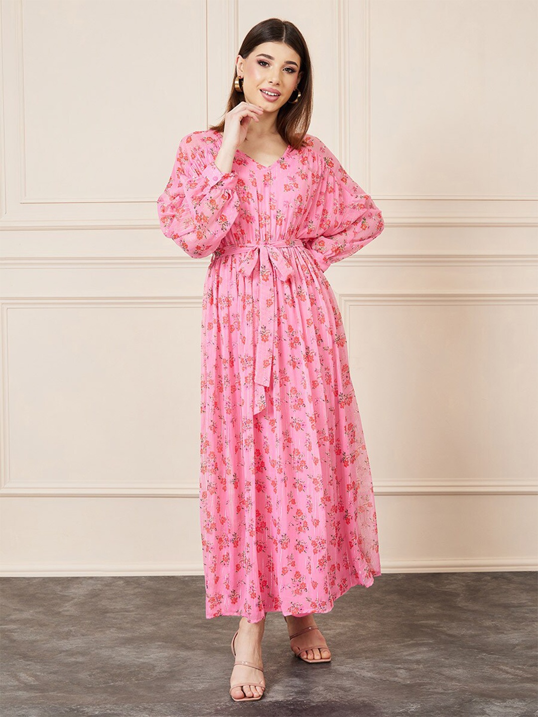 

Styli Floral Print Dolman Sleeves Maxi Dress, Pink