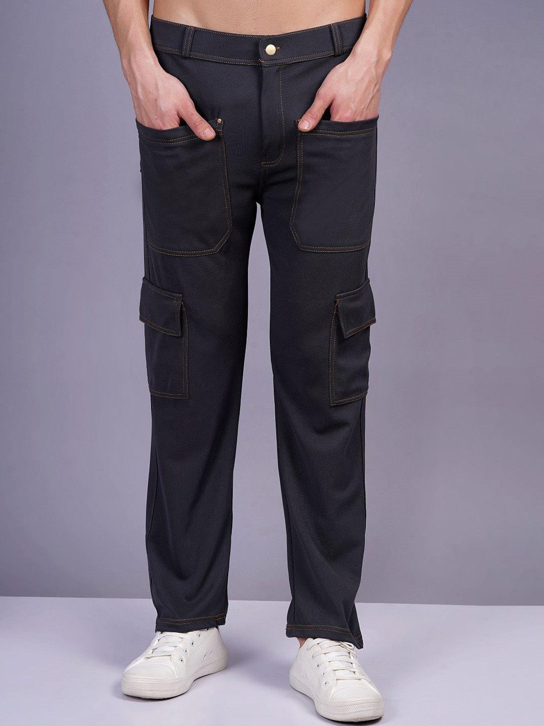 

WE PERFECT Men Relaxed Regular Fit Mid-Rise Cotton Cargos Trouser, Grey
