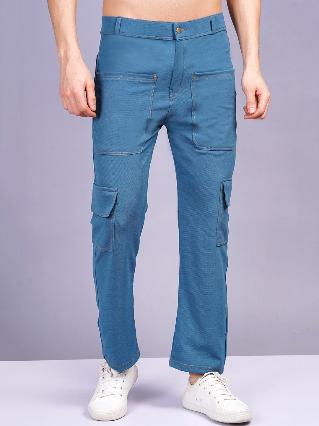 

WE PERFECT Men Relaxed Low-Rise Cargos Trousers, Blue