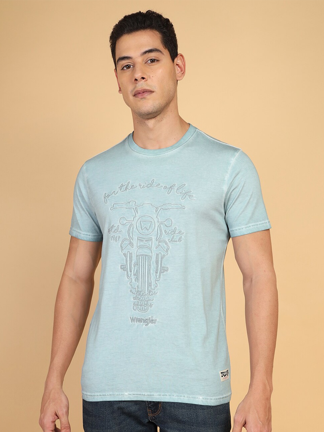 

Wrangler Round Neck Short Sleeves Graphic Printed Regular Fit Cotton T-shirt, Grey