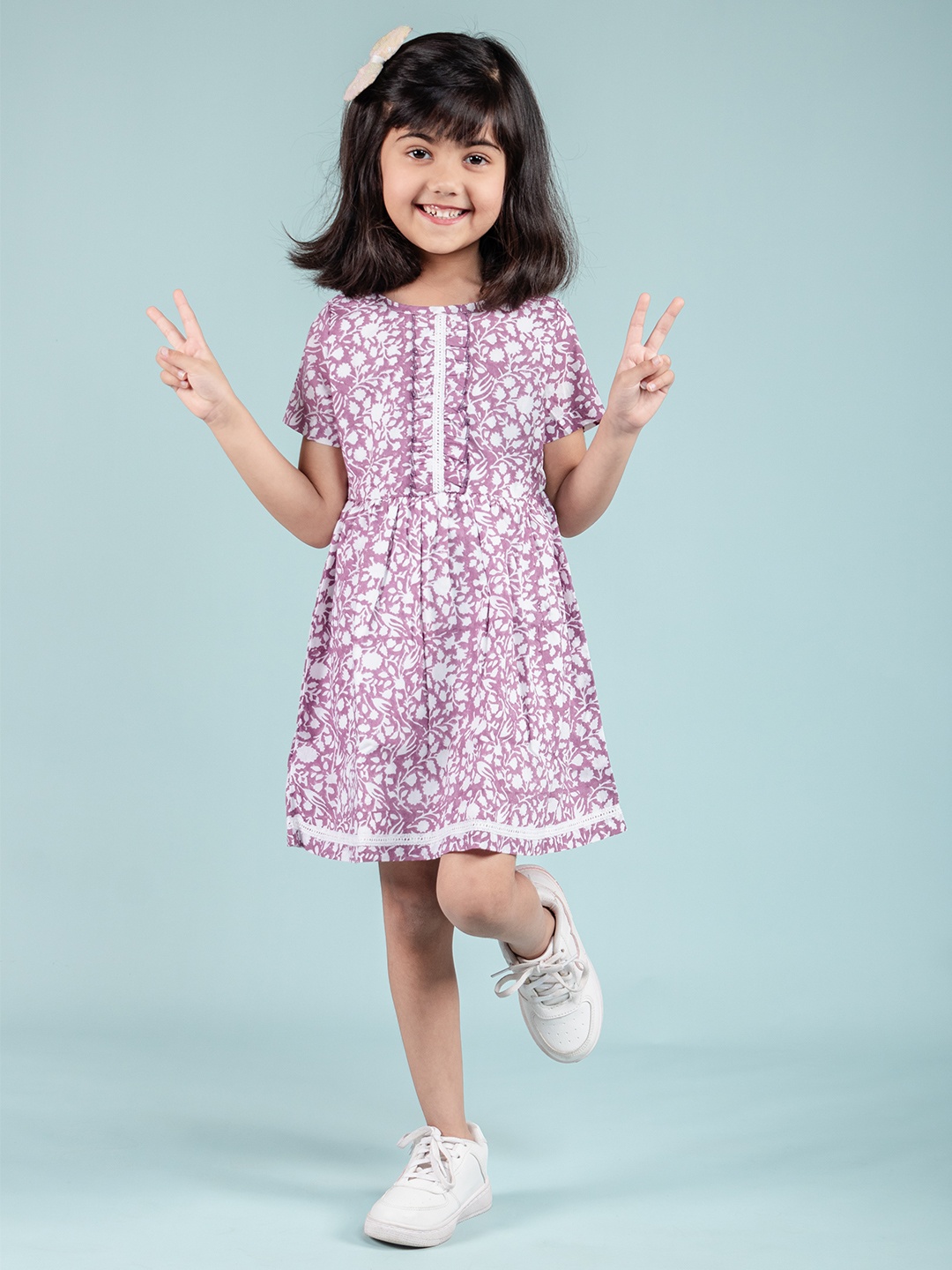 

TWEENY MINI Girls Floral Block Printed Ruffles Pure Cotton A Line Dress, Lavender