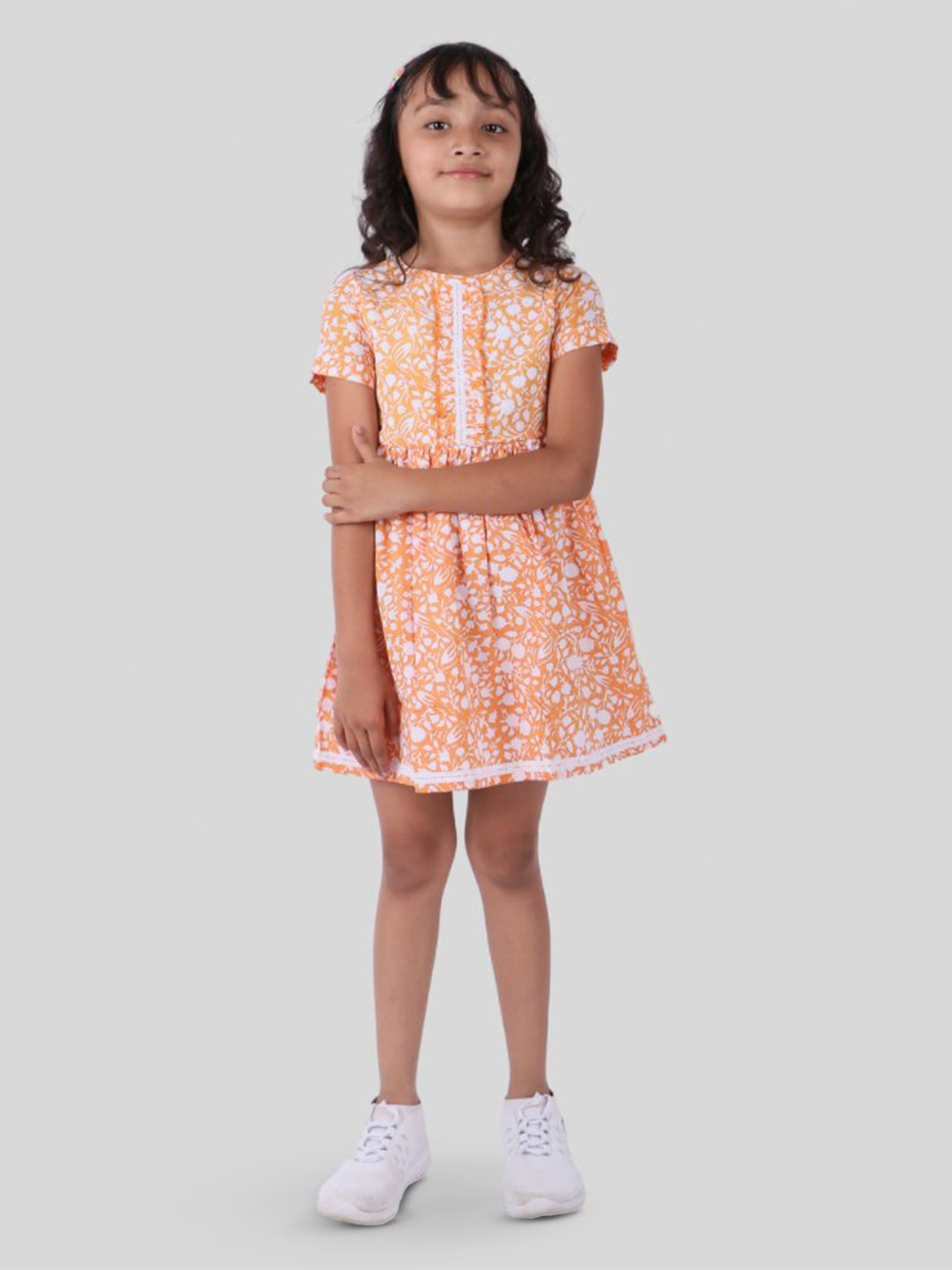 

TWEENY MINI Girls Floral Printed Cotton Fit & Flare Dress, Orange