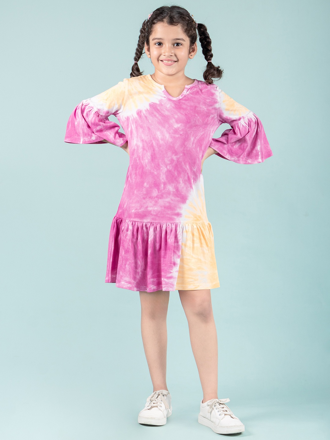 

TWEENY MINI Tie and Dye Printed Bell Sleeve Cotton Drop-Waist Dress, Pink