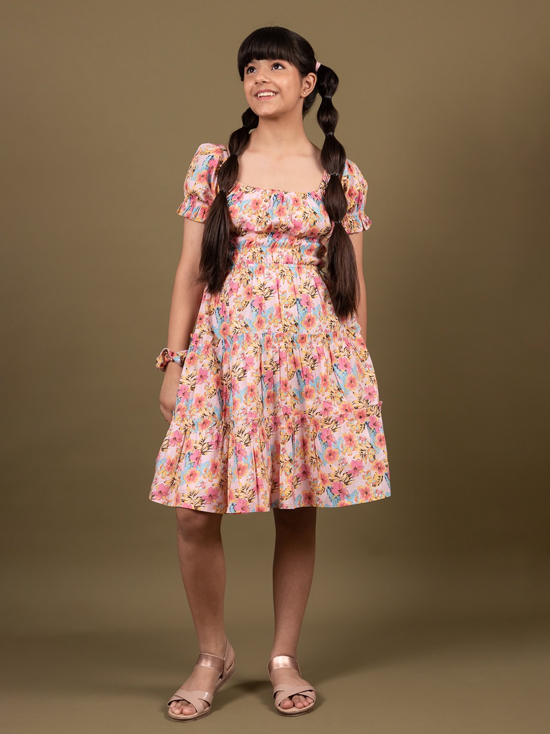 

TWEENY MINI Girls Floral Printed Cotton A-Line Dress, Peach
