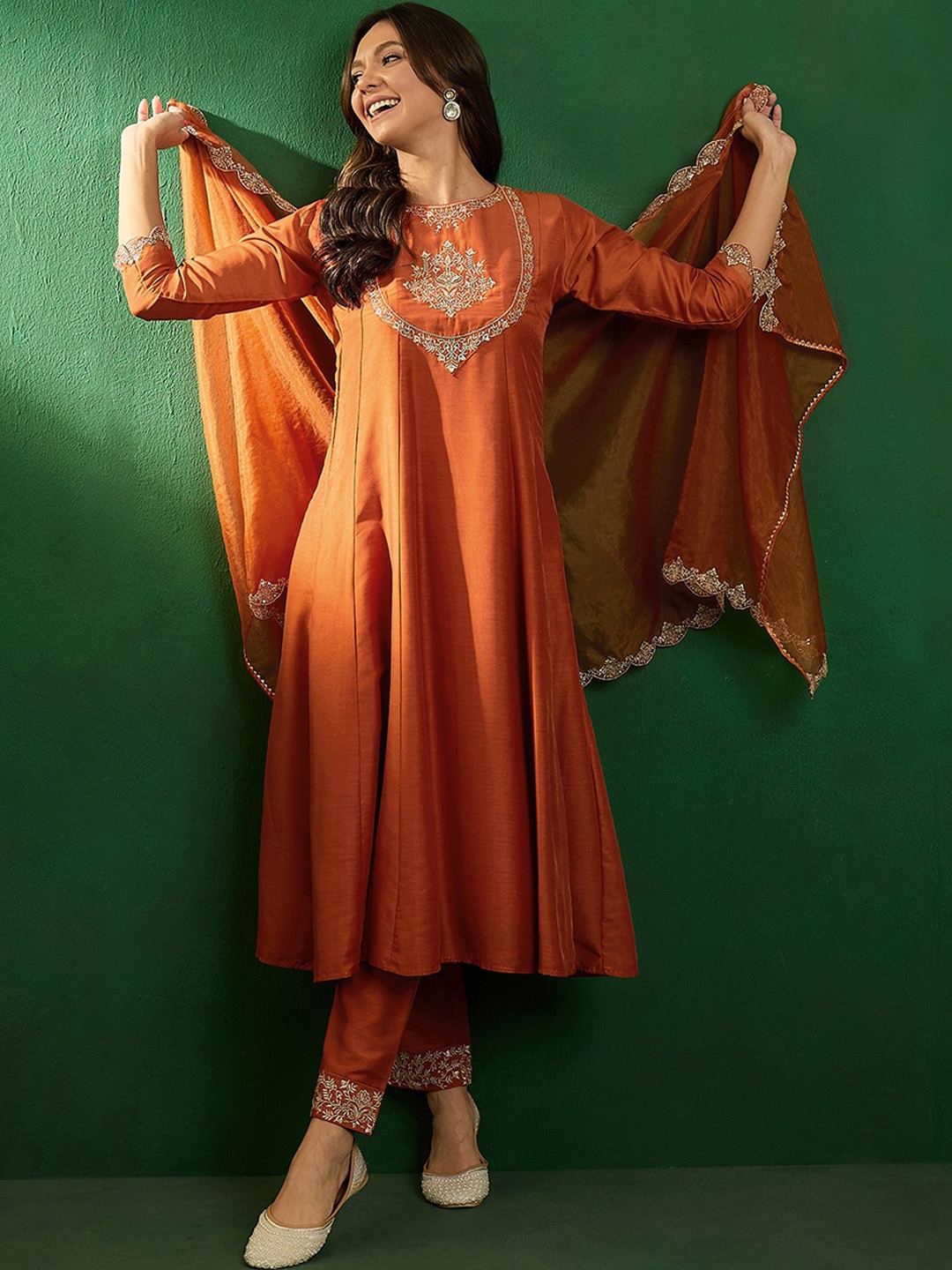 

Sangria Embroidered Boat-Neck Kurta With Trousers & Dupatta, Orange