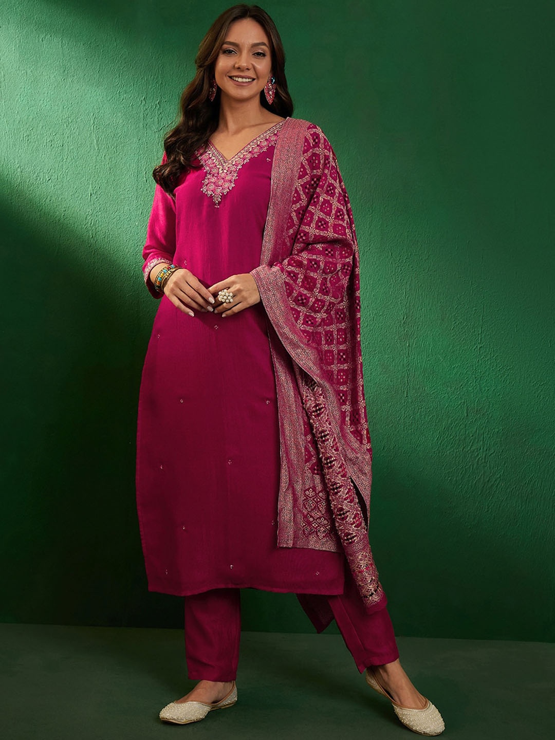 

Sangria Embroidered V-Neck Kurta With Trousers & Dupatta, Pink