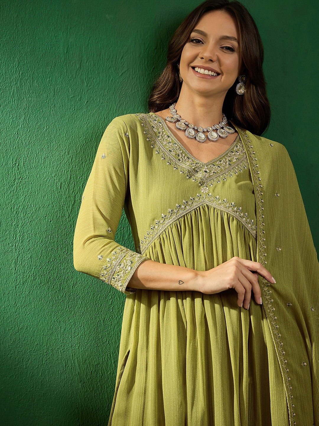 

Sangria Embroidered V-Neck Kurta With Trousers & Dupatta, Green