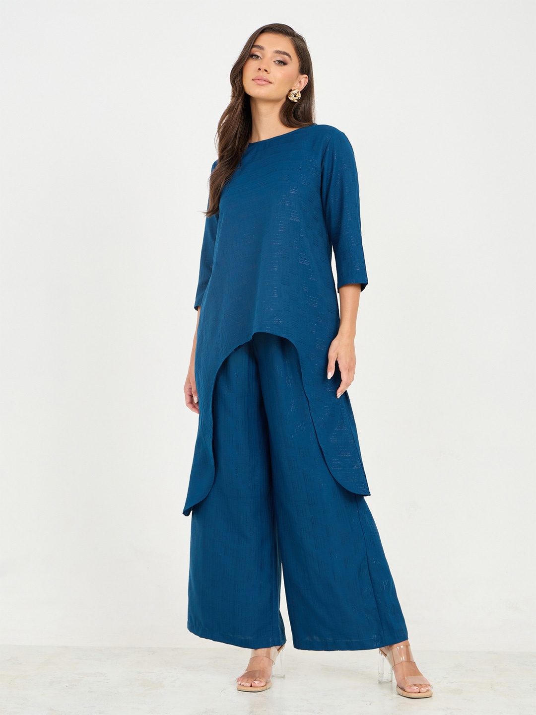 

Styli Flared Textured High-Rise Trousers, Blue