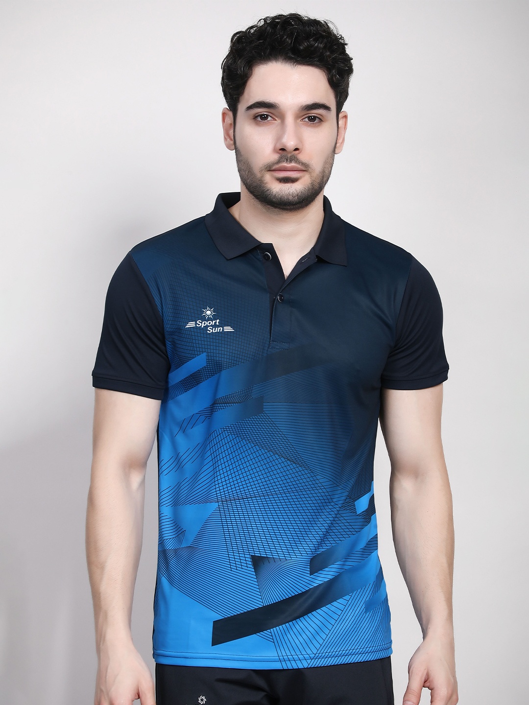 

SPORT SUN Colourblocked Rapid-Dry Polo Collar Training or Gym Sports T-shirt, Navy blue