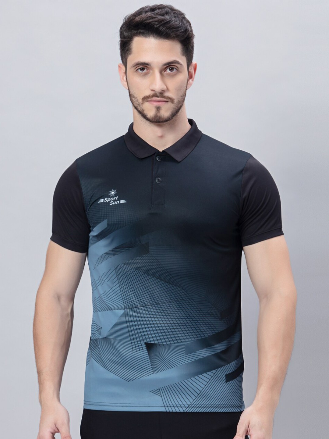 

SPORT SUN Colourblocked Rapid-Dry Polo Collar Training or Gym Sports T-shirt, Black