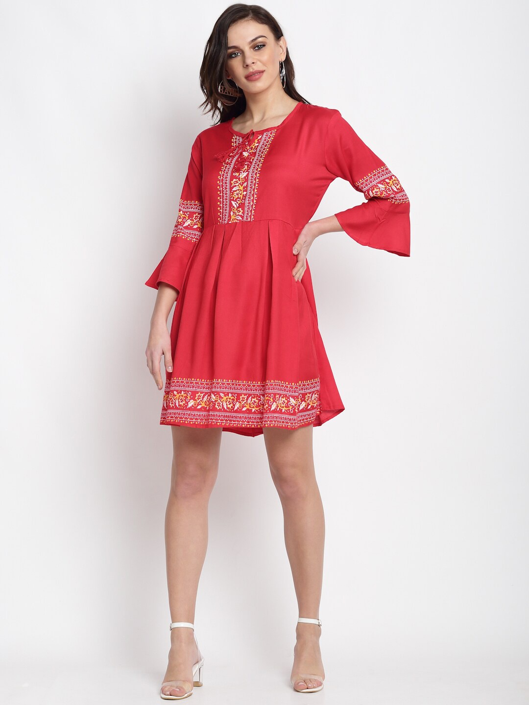 

Miaz Lifestyle Bell Sleeve Fit & Flare Dress, Red