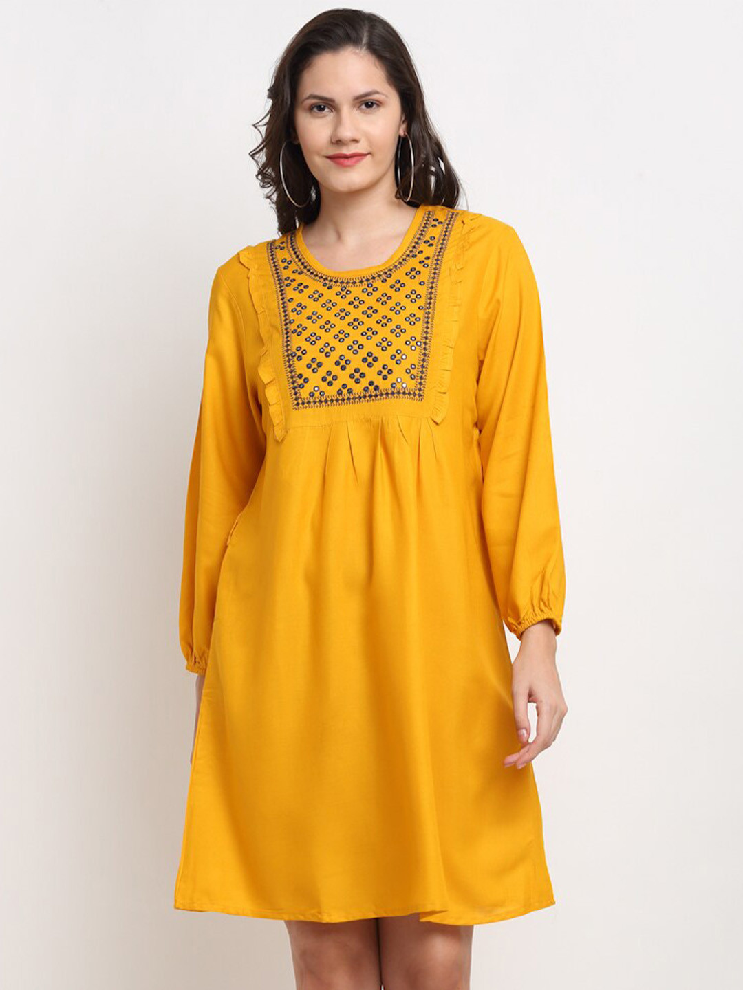 

Miaz Lifestyle Cuffed Sleeve A-Line Dress, Yellow