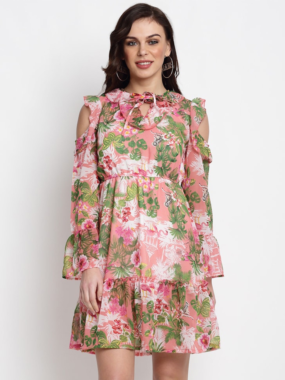 

Miaz Lifestyle Floral Printed Tie-Up Neck Bell Sleeves Fit & Flare Dress, Pink