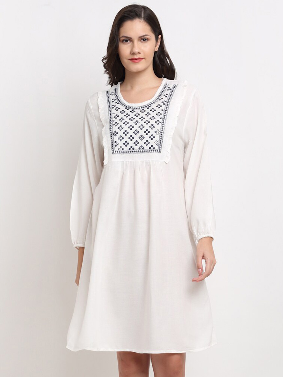 

Miaz Lifestyle Puff Sleeve A-Line Dress, White