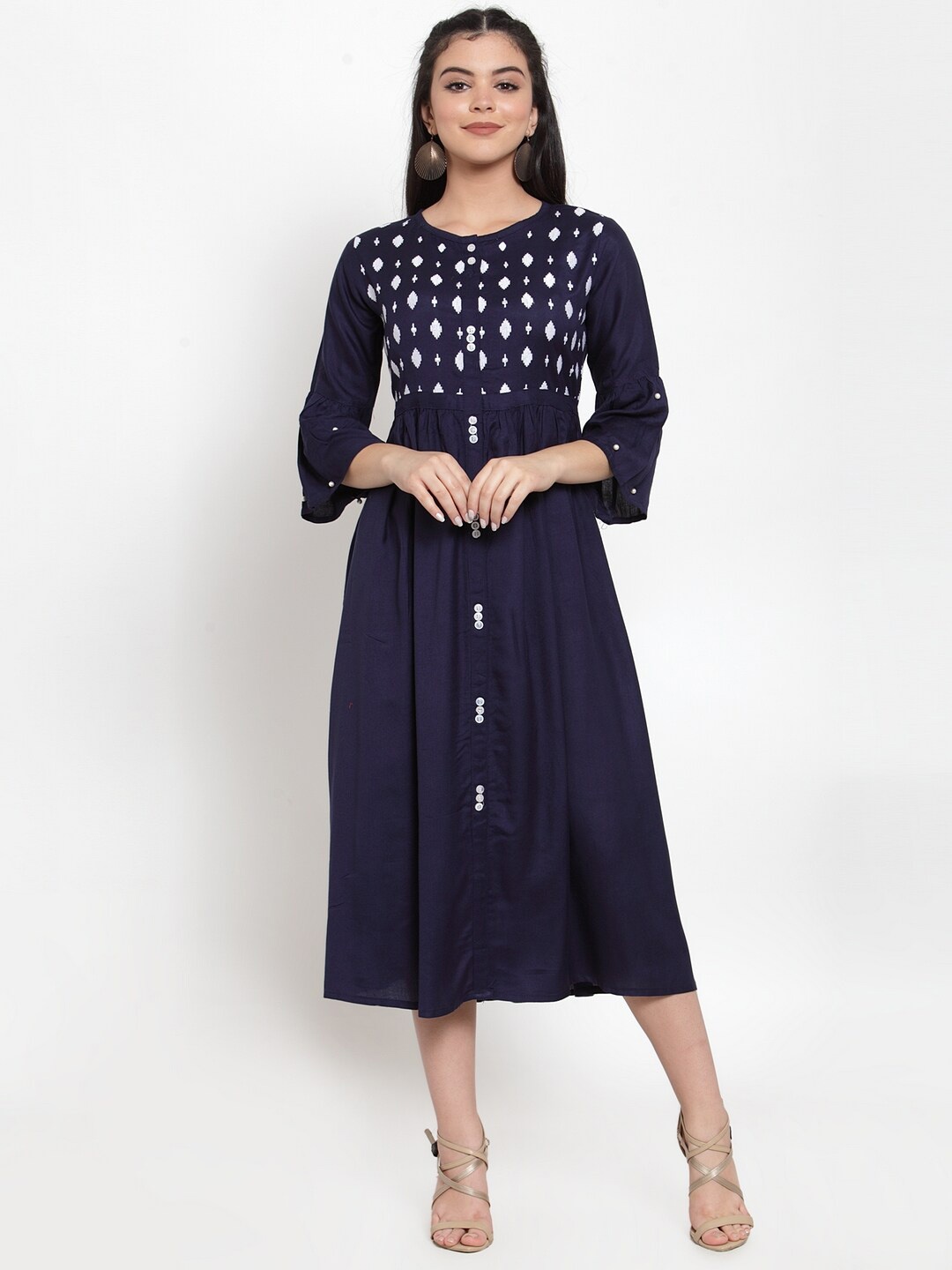 

Miaz Lifestyle Geometric Embroidered Fit & Flare Midi Dress, Navy blue