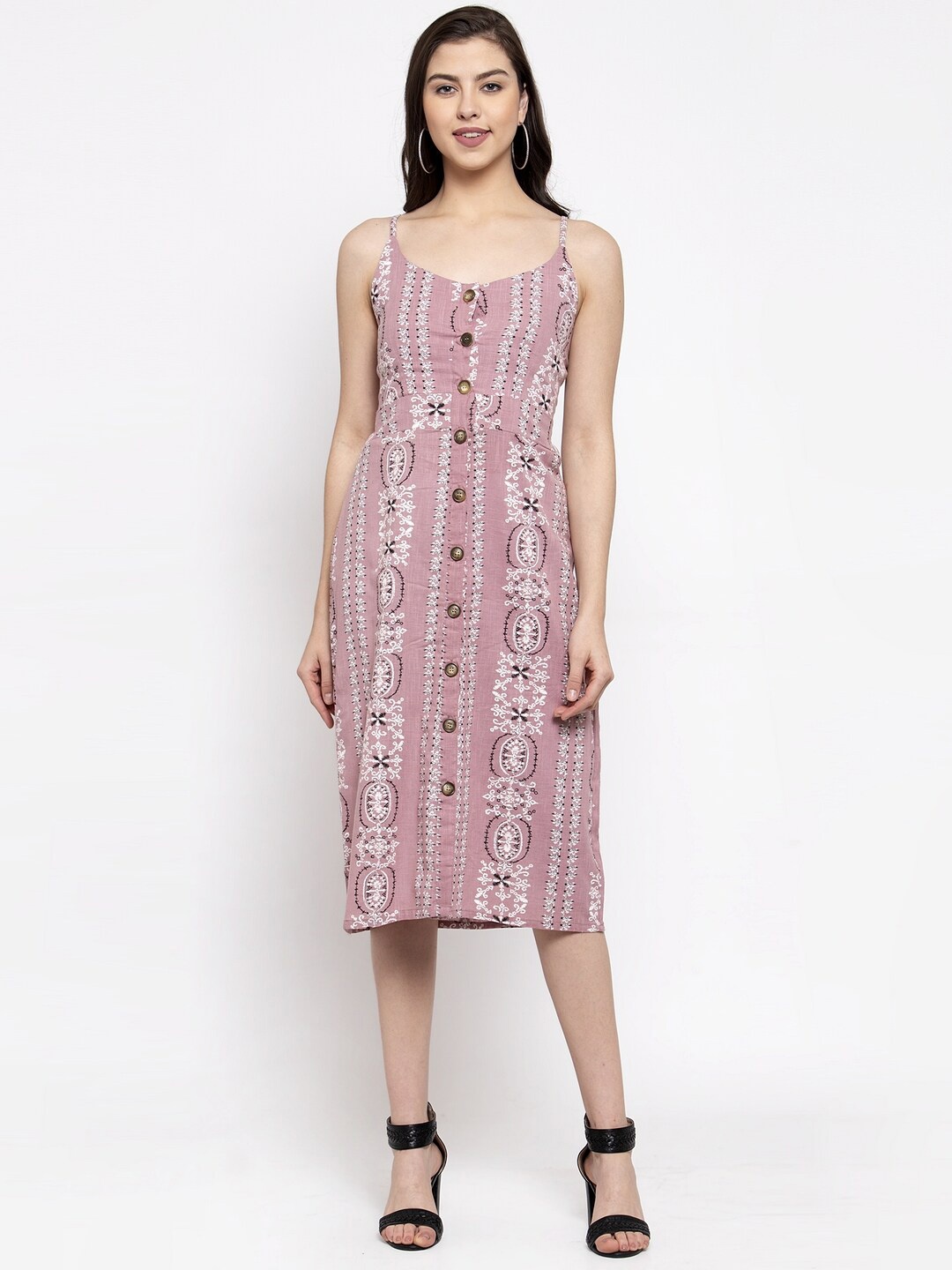 

Miaz Lifestyle Floral Striped Shoulder Straps Fit & Flare Midi Dress, Pink