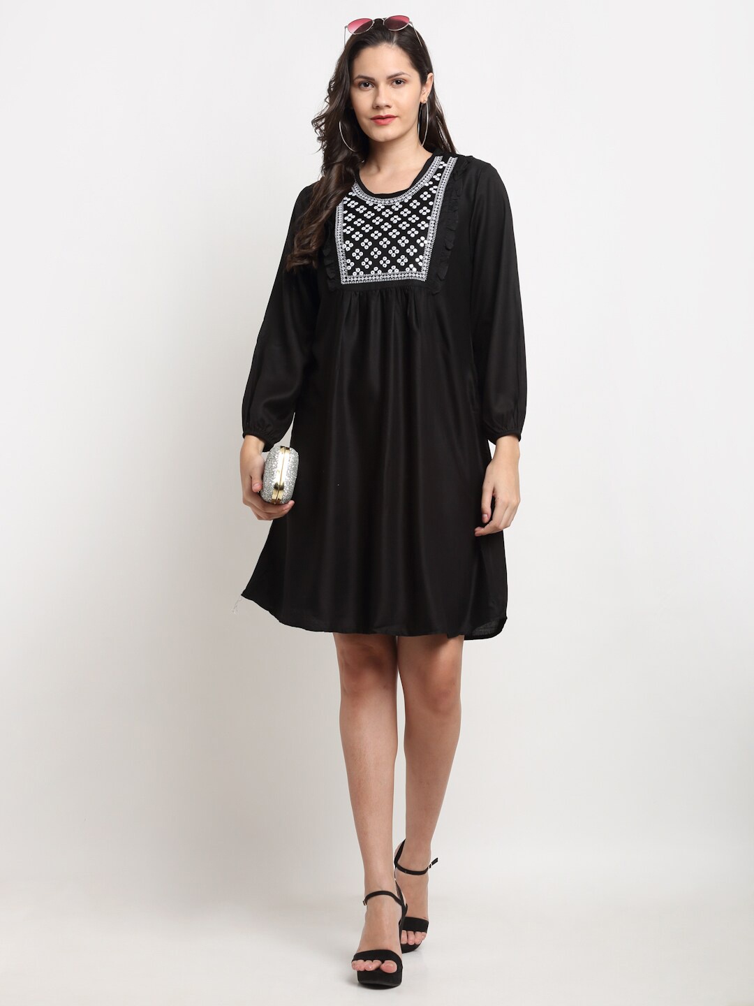 

Miaz Lifestyle Geometric Embroidered Round Neck A-Line Dress, Black