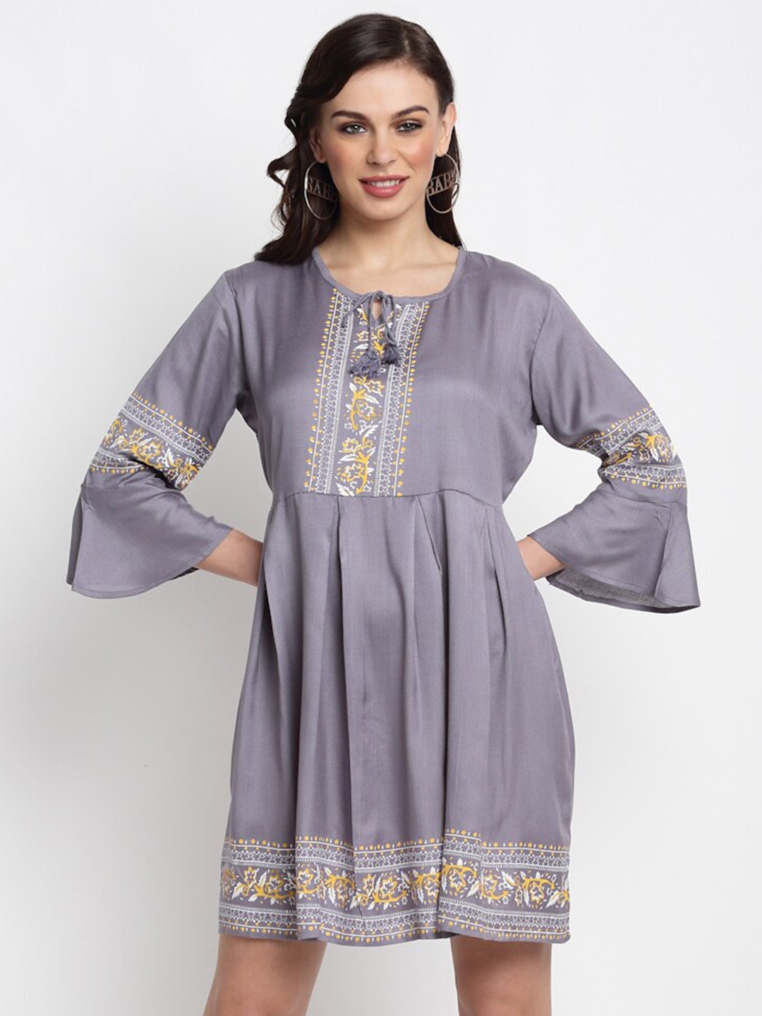 

Miaz Lifestyle Floral Tie-Up Neck Bell Sleeve Fit & Flare Dress, Grey