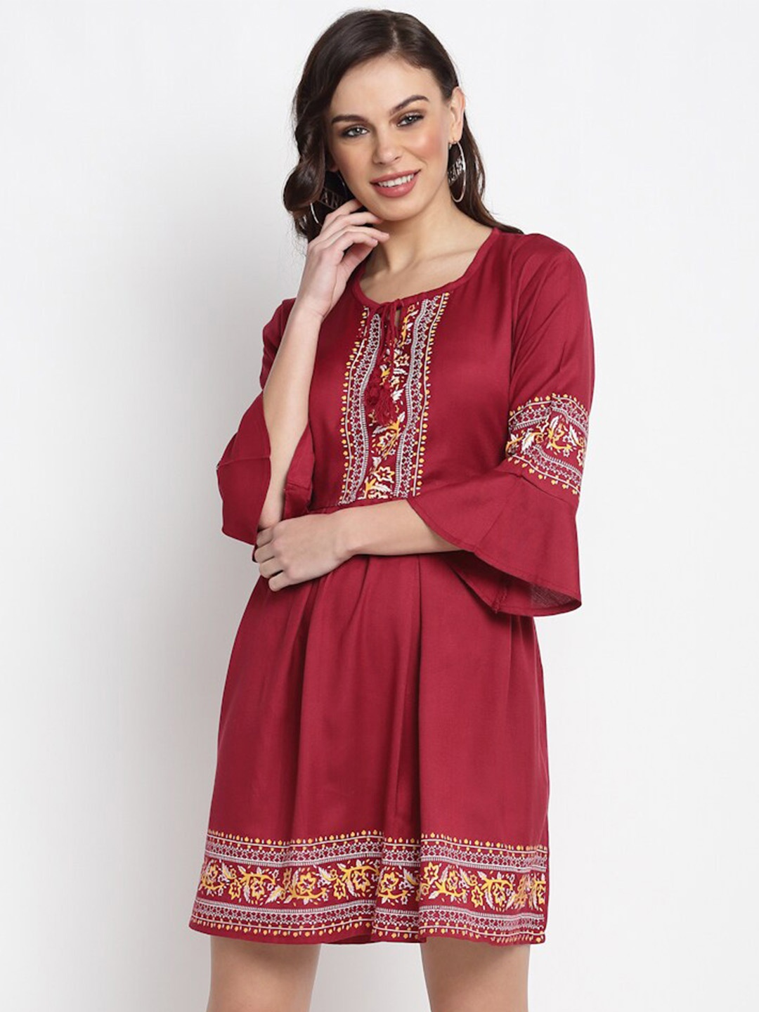 

Miaz Lifestyle Ethnic Motifs Tie-Up Neck Bell Sleeve A-Line Dress, Maroon