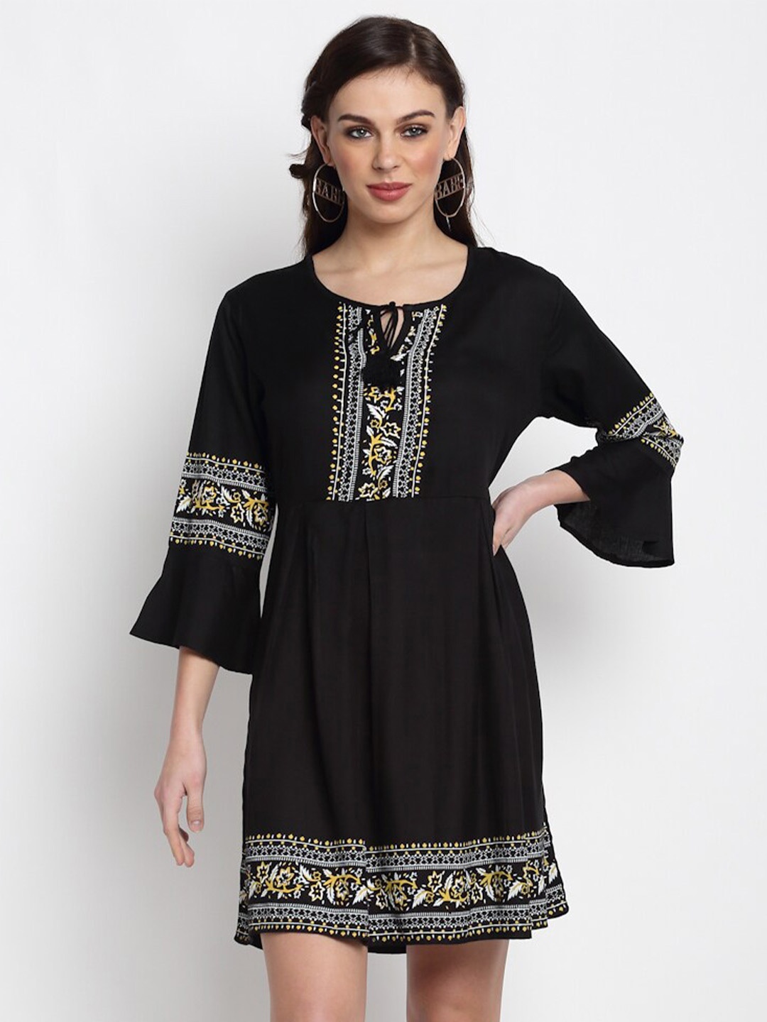

Miaz Lifestyle Tribal Printed Tie-Up Neck Bell Sleeves Fit And Flare Dress, Black