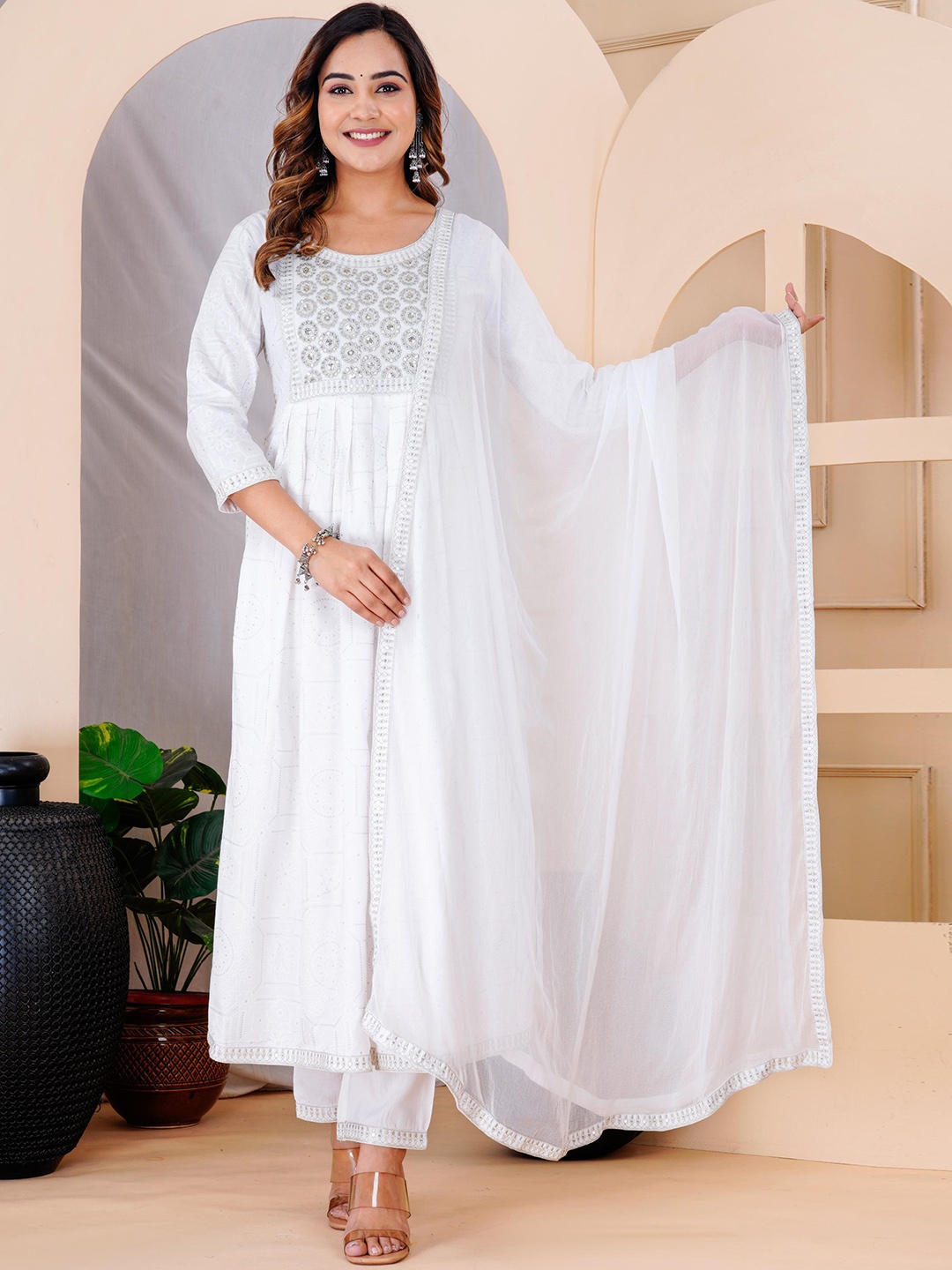 

Lovista Women Printed Empire Sequinned Kurta with Trousers & With Dupatta, White