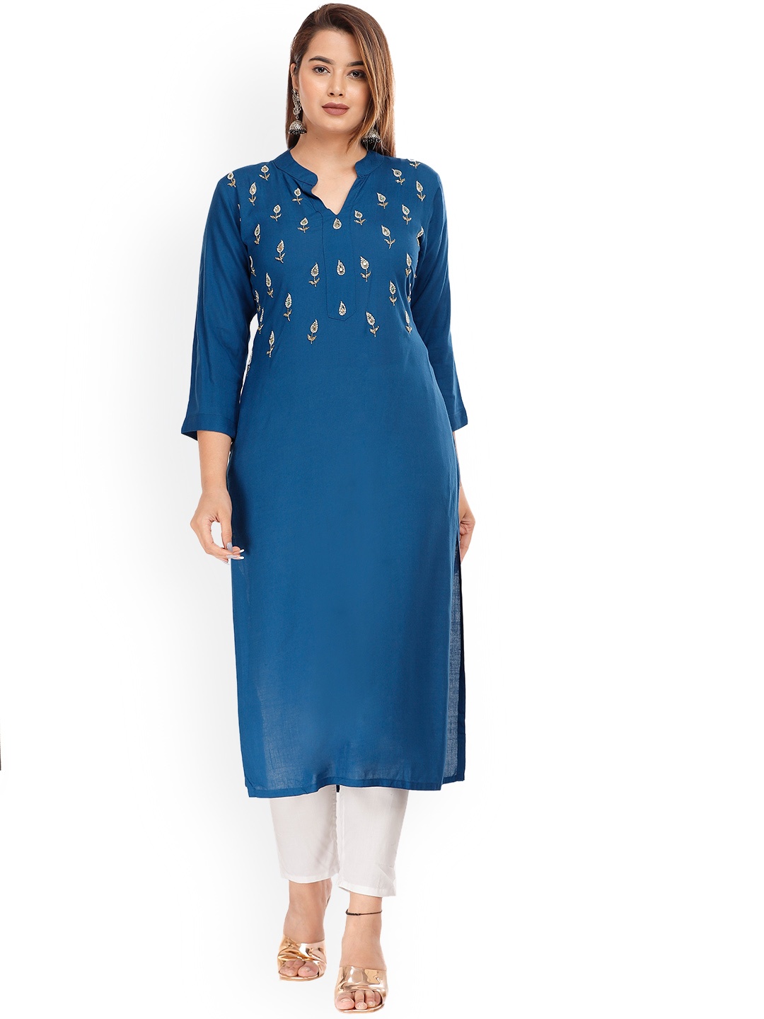

HIGHLIGHT FASHION EXPORT Floral Yoke Design Thread Work Straight Kurta, Teal